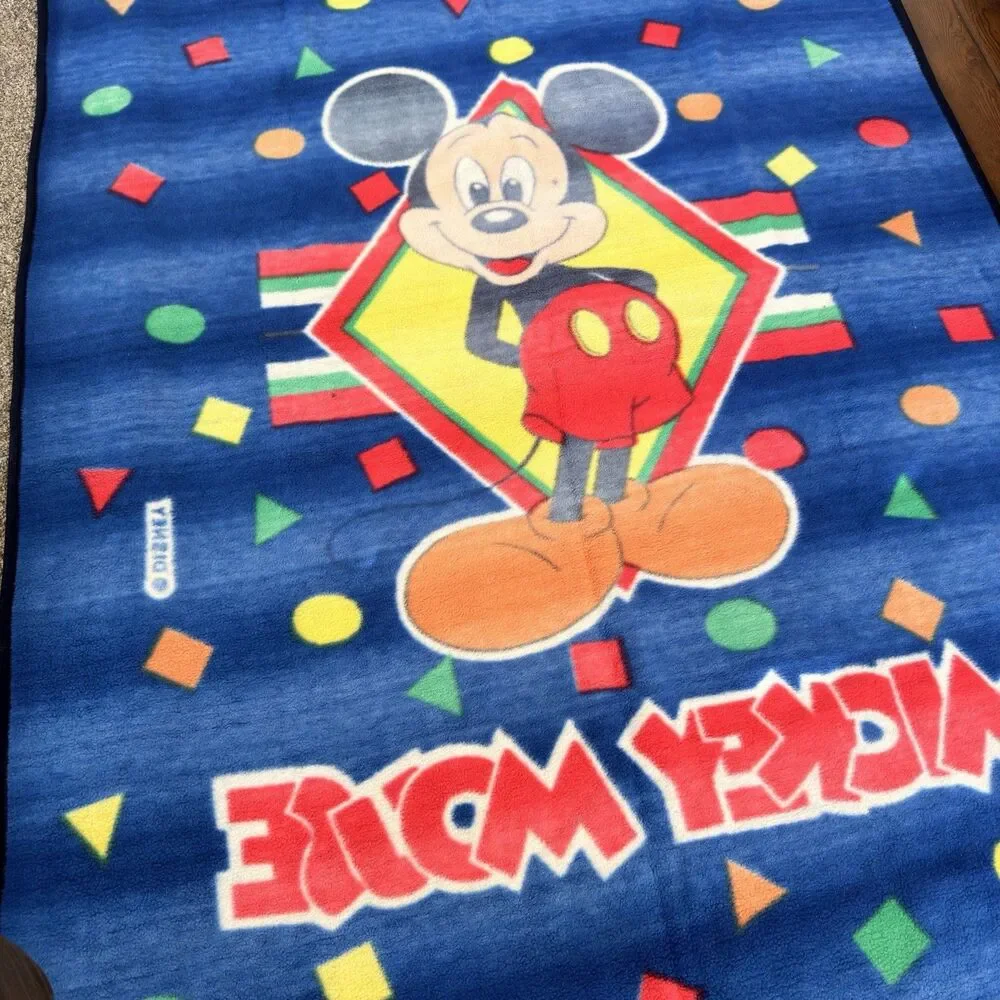 90s Disney Mickey Mouse Twin Blanket Blue Geometric Plush 78x61 Vintage